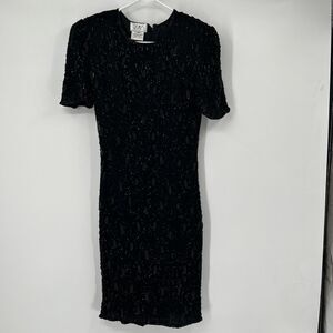 VTG JMC Petite Silk Black Beaded Evening Cocktail Dress Elegant Sexy Cruise Gown